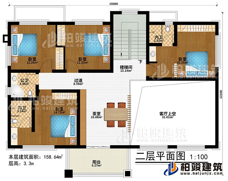 二层：楼梯间、茶室、客厅上空、4卧室、过道、公卫、2内卫、阳台