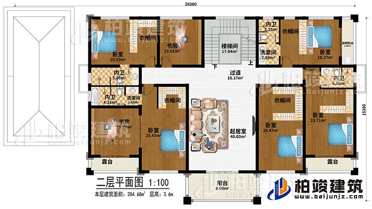 二层：楼梯间、过道、起居室、2书房、5卧室、2洗漱间、4衣帽间、晾晒阳台、阳台、2露台、4内卫